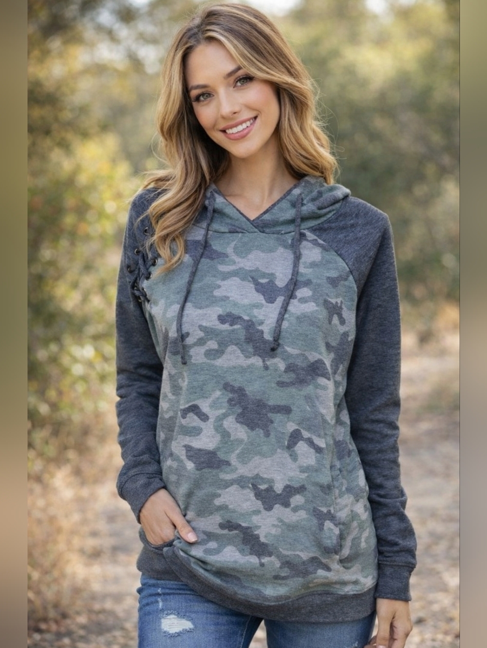 Maurice's Camo Hoodie Medium Lace-Up Pullover Gray Accents Women's Casual